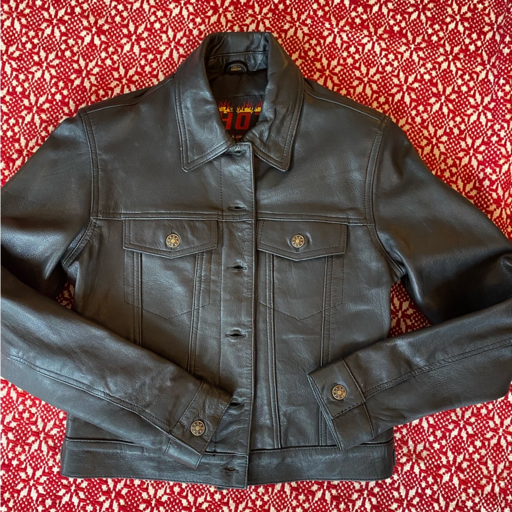 Women’s Hot Leathers Motorcycle Leather jacket with buttons, black, sz S